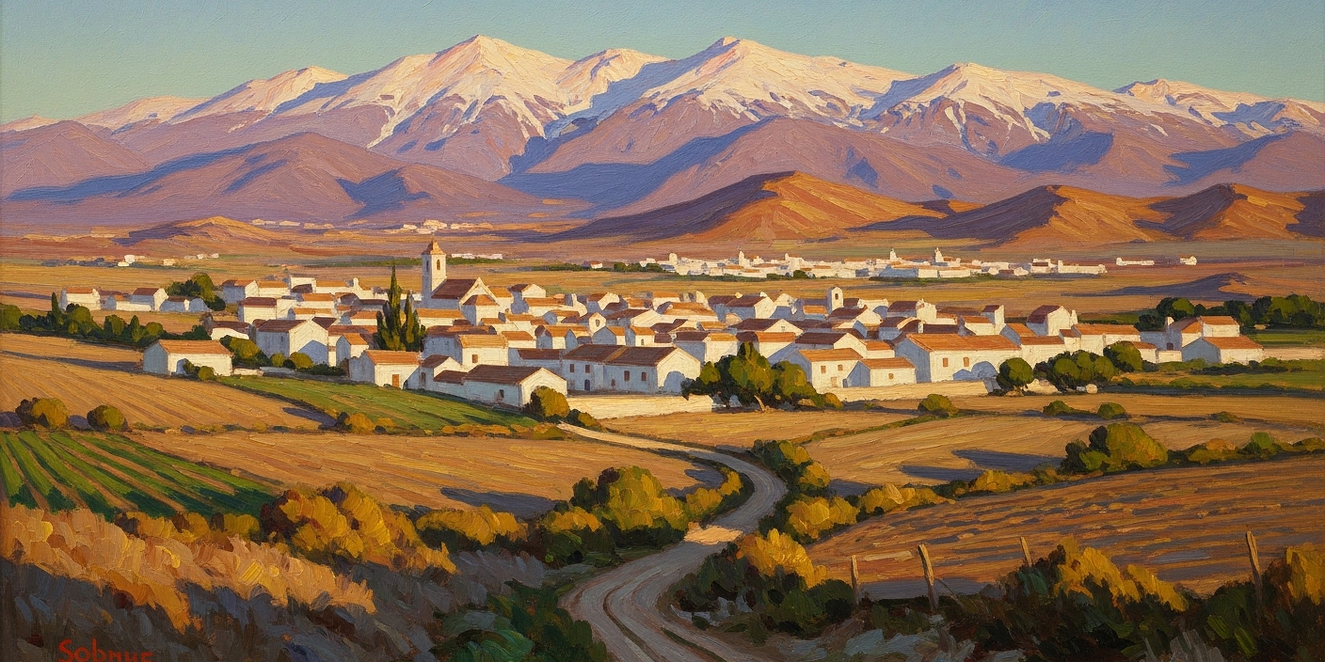 Pintura al atardecer de la vega de Granada con sus pueblos y Sierra Nevada al fondo.