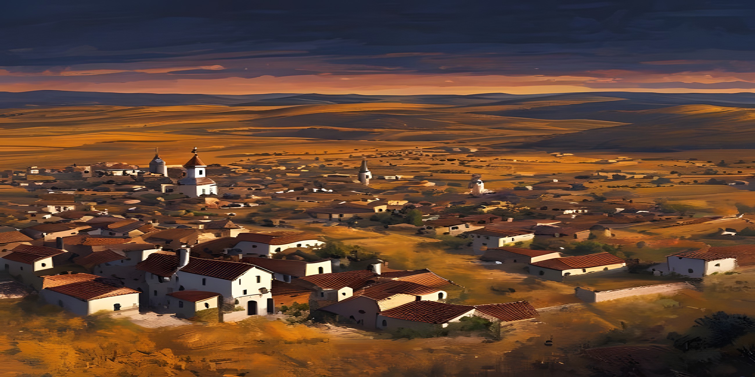 Ilustración del territorio de una provincia al atardecer con sus municipios.