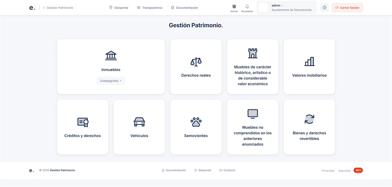 Panel principal de Gestión Patrimonio: los nueve epígrafes del inventario (RBEL)